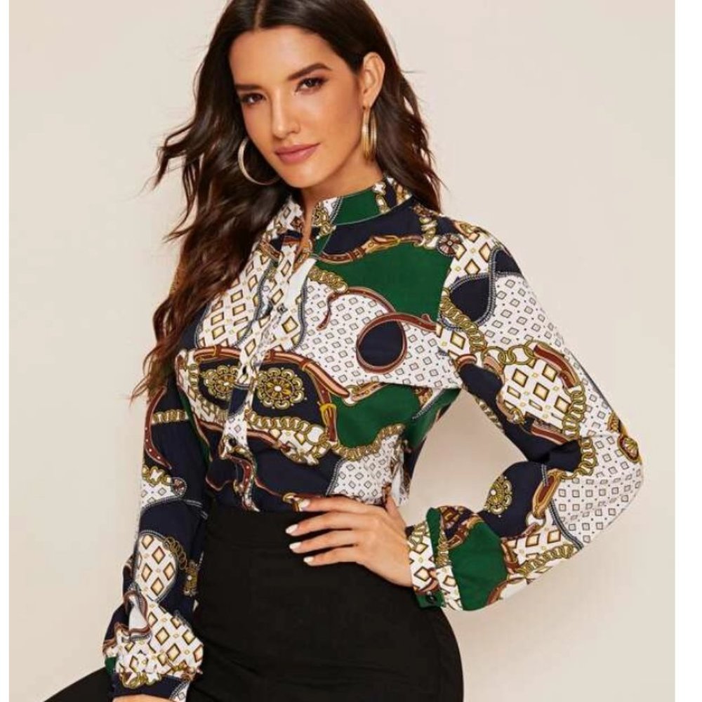 Geo & Chain Print Button-Front(S)|*BUSINESS CASUAL BLOUSE-GOES from DAY 2 NIGHT